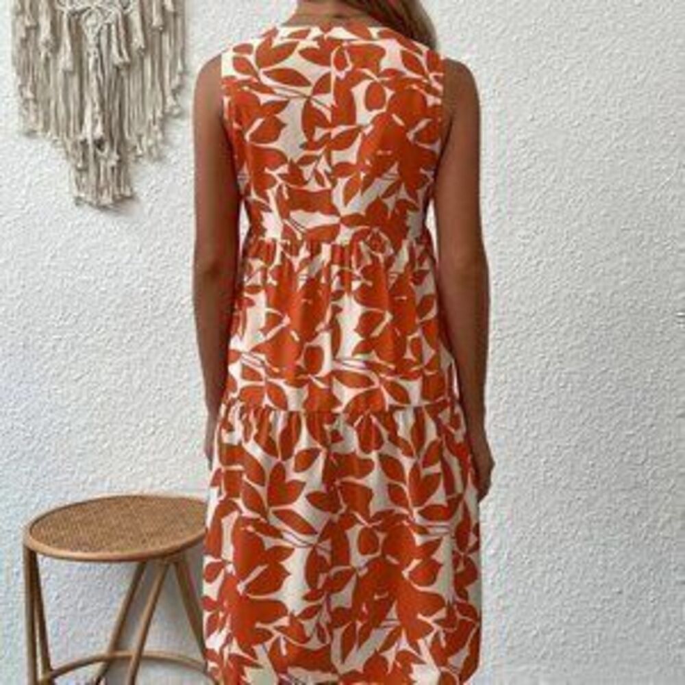 White & Orange Preppy Womens Allover Plant Print Notch Neck Ruffle Hem Dress - Picture 2 of 3